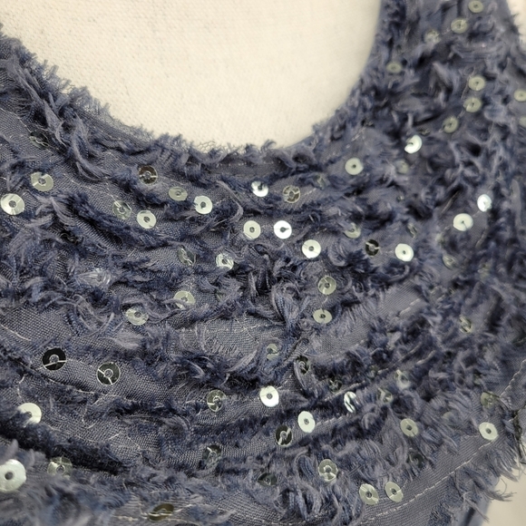 Olivia Moon Blue Tank Top Lace and Sequin Ruffled Collar Size L - Picture 10 of 10